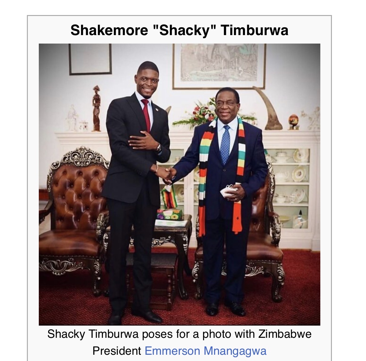 authorised captioned portrait of Shakemore Shacky Timburwa with Zimbabwe President Emmerson Mnangagwa
